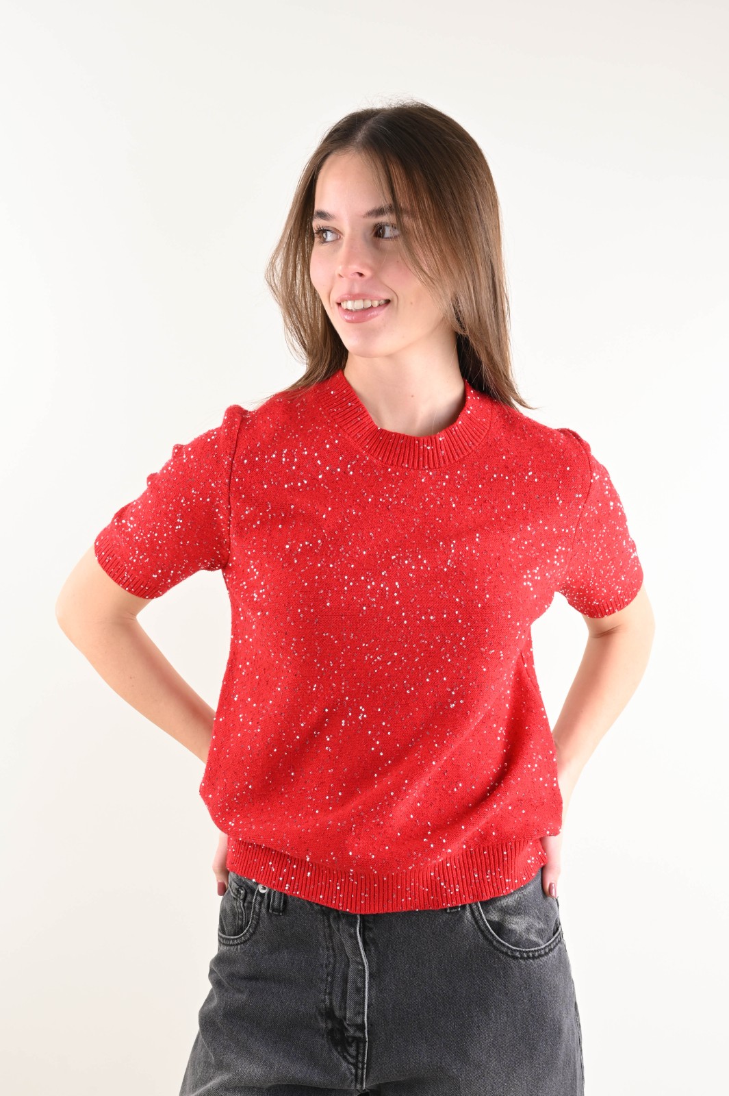 U649-90_ROSSO MAGLIA MANICHE CORTE CON PAILLETTES - Rojo, TU