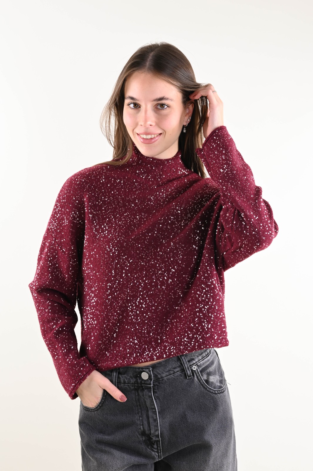 U653-90_BORDEAUX DOLCEVITA IN MAGLIA CON PAILLETTES - Burdeos, TU