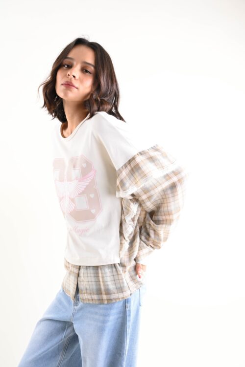 Alternative view of MAGLIA CON STAMPA E MANICHE IN TESSUTO CAMICIA