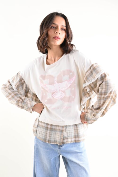 Alternative view of MAGLIA CON STAMPA E MANICHE IN TESSUTO CAMICIA