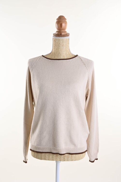 MAGLIONCINO GIROCOLLO CON POLSI E COLLO A CONTRASTO - Beige, TU