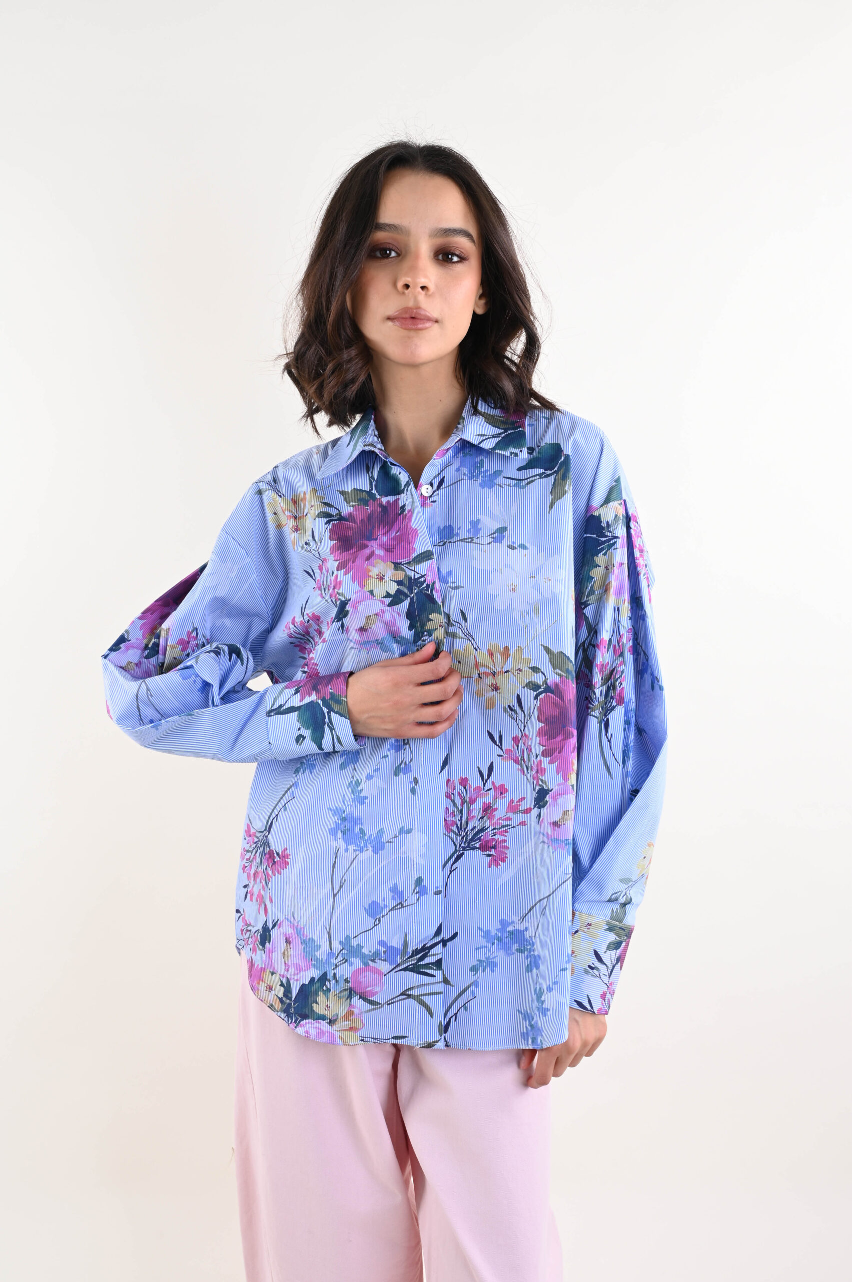 ESC179-06_AZZURRO CAMICIA DONNA STAMPA FLOREALE - Azzurro, TU