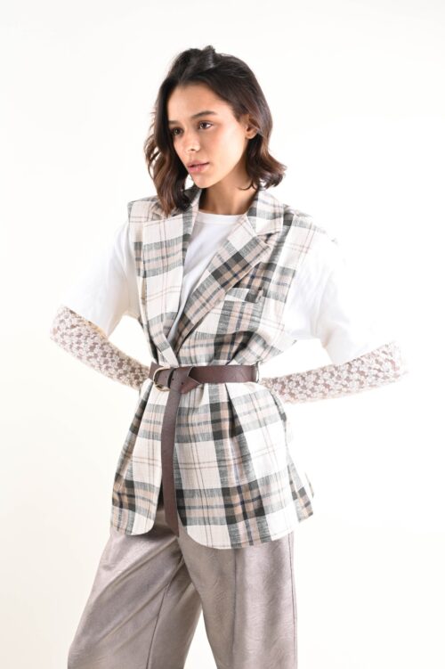 GILET MONOPETTO A QUADRI CON CINTURA