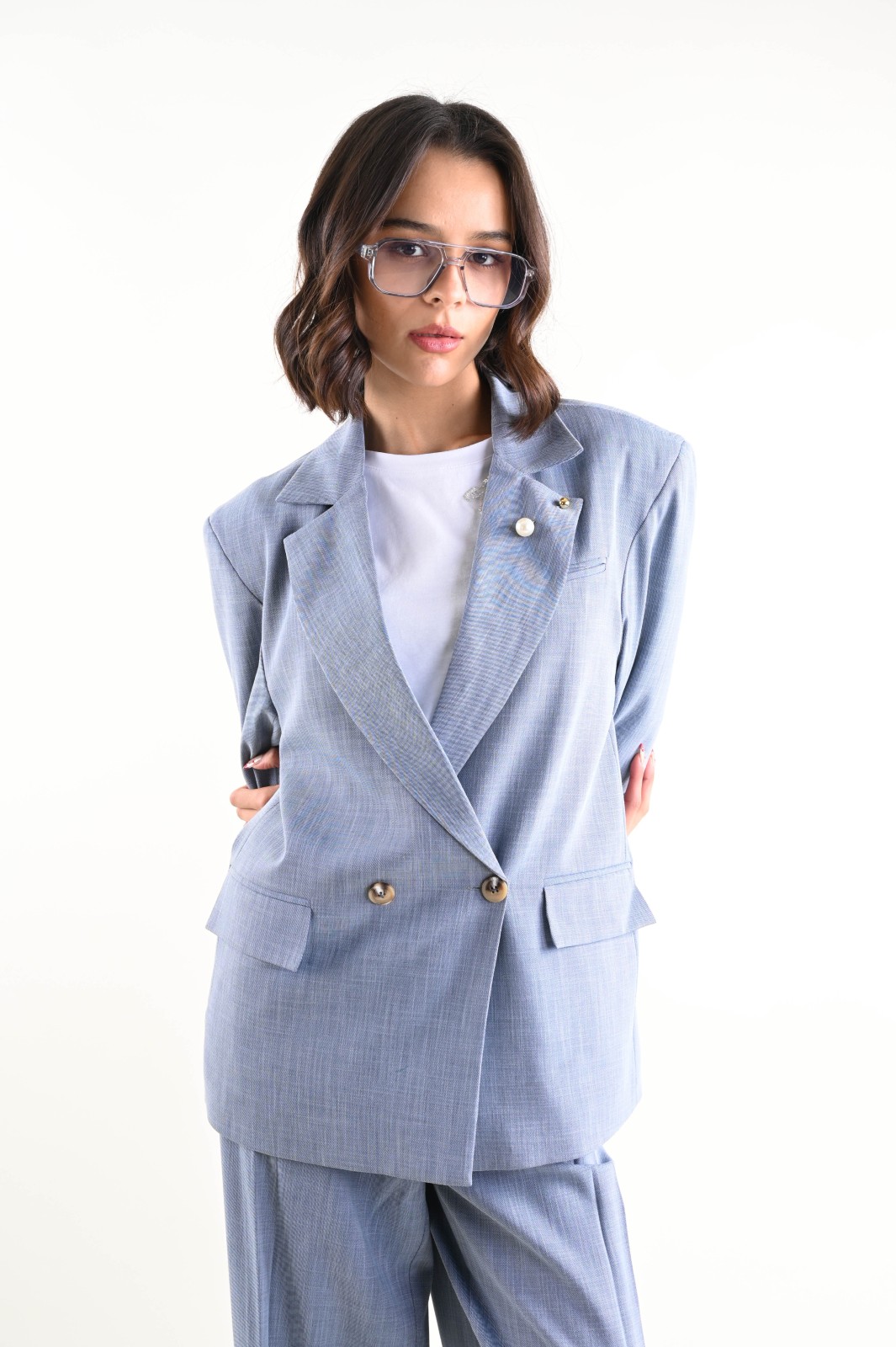 SCJ0522-06_AZZURRO POLVERE BLAZER DONNA DOPPIOPETTO ELEGANTE - Azzurro polvere, S