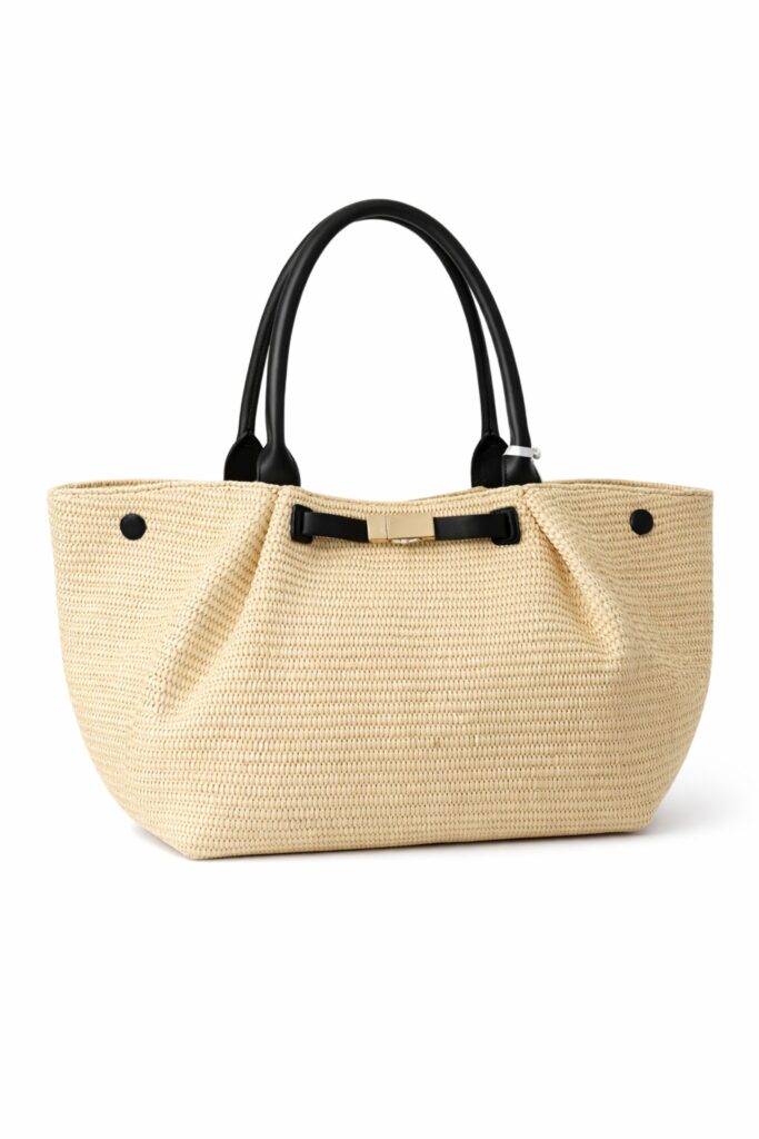 BORSA A SPALLA IN PAGLIA CON MANICI IN PELLE 