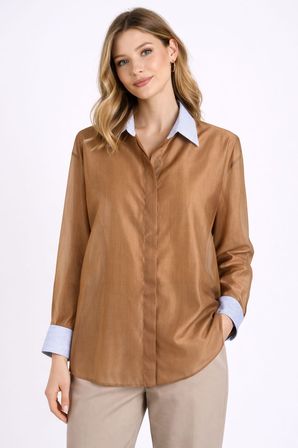 CAMICIA CON COLLETTO E POLSI IN TESSUTO A RIGHE