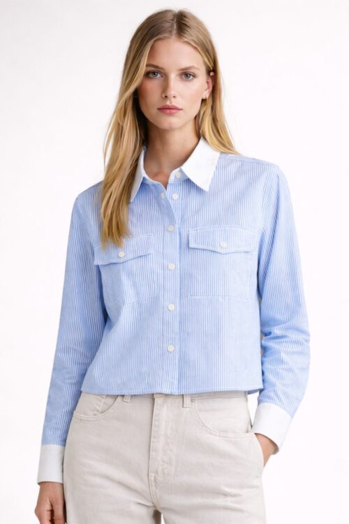 CAMICIA A RIGHE CON COLLETTO A CONTRASTO E TASCHINE FRONTALI