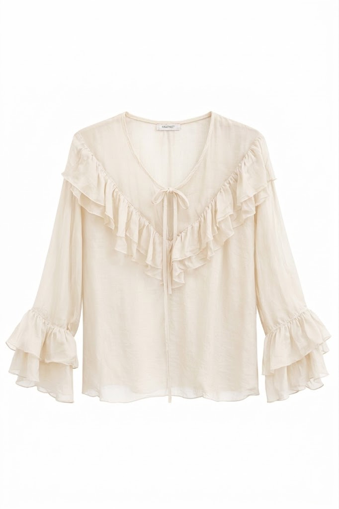 197e6afb-55b4-427e-a6c8-ed2f79666ab3 BLUSA LEGGERA IN MISTO SETA CON ROUCHES - Panna, TU