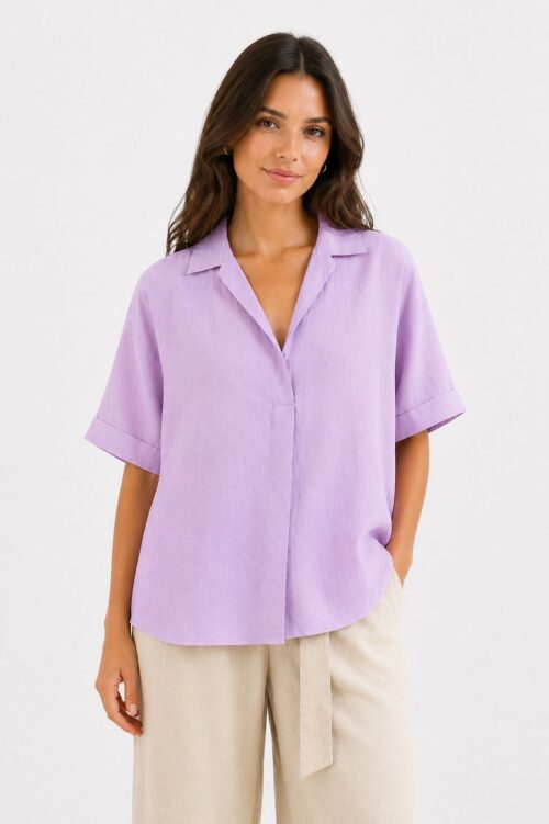 BLUSA SCOLLO COLLETTO CLASSICO E SCOLLO A V IN MISTO LINO