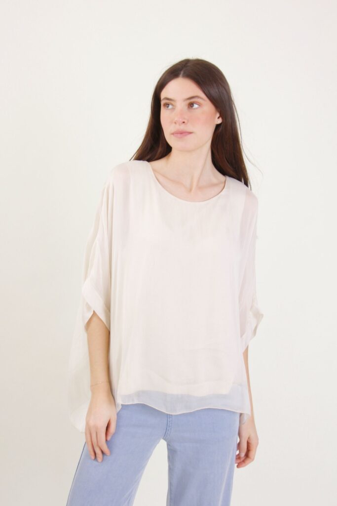 BLUSA IN MISTO SETA CON MANICA AMPIA - Panna, TU 