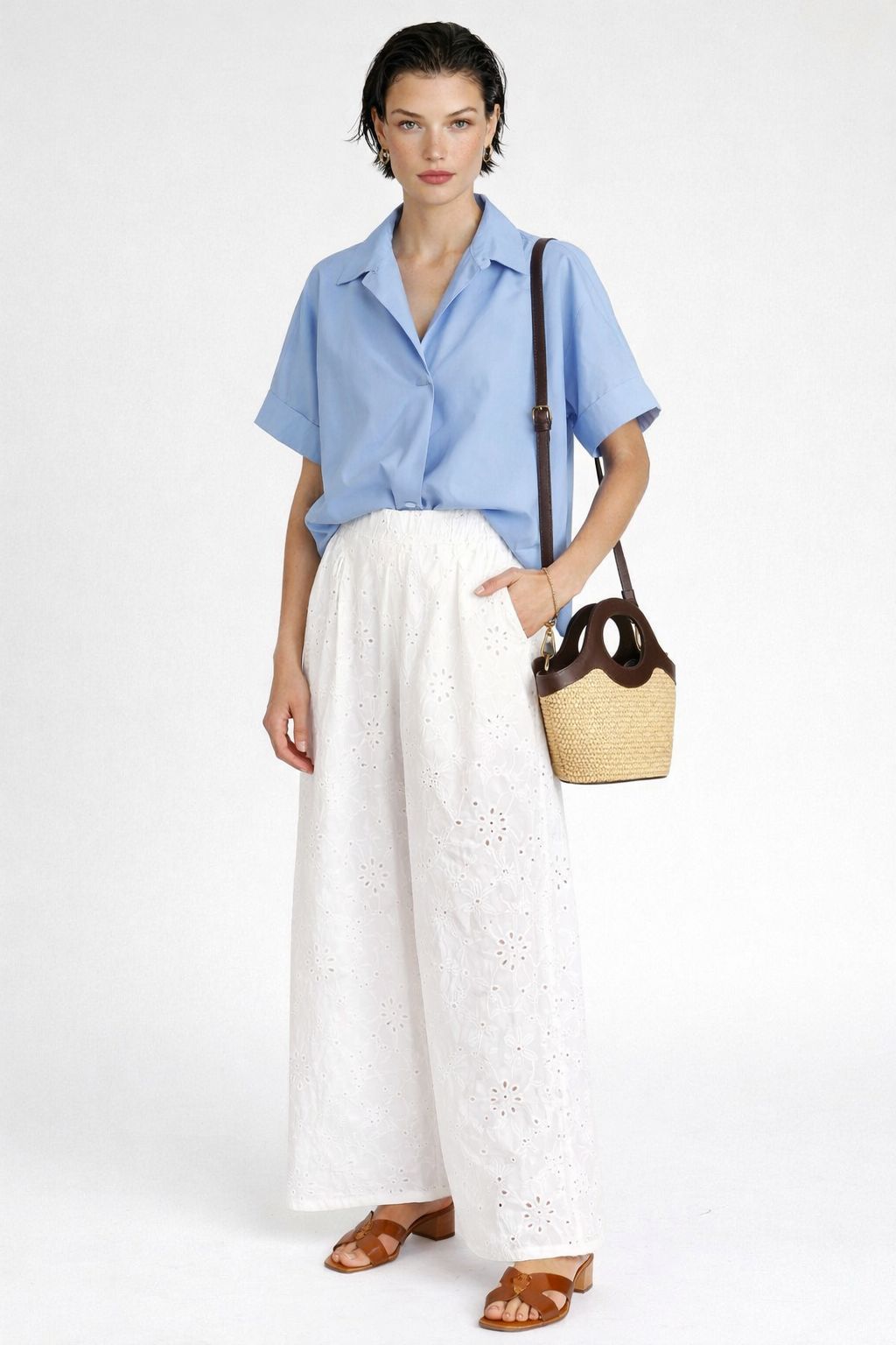 CAMICIA A MANICHE CORTE SCOLLO A V IN COTONE - immagine 4