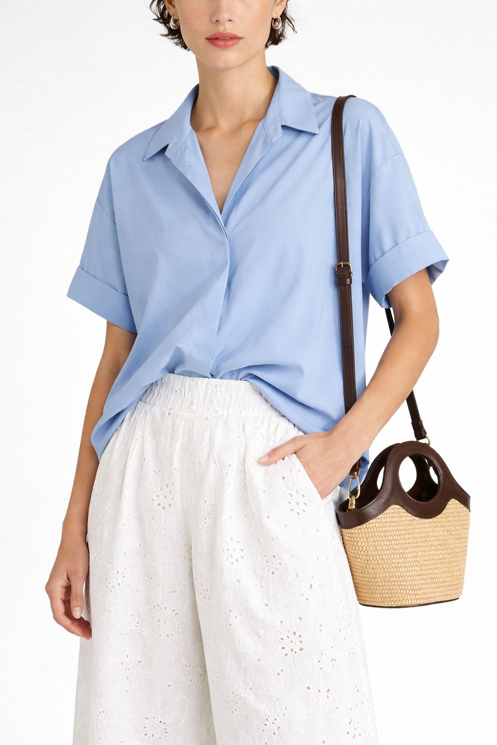 CAMICIA A MANICHE CORTE SCOLLO A V IN COTONE - immagine 5