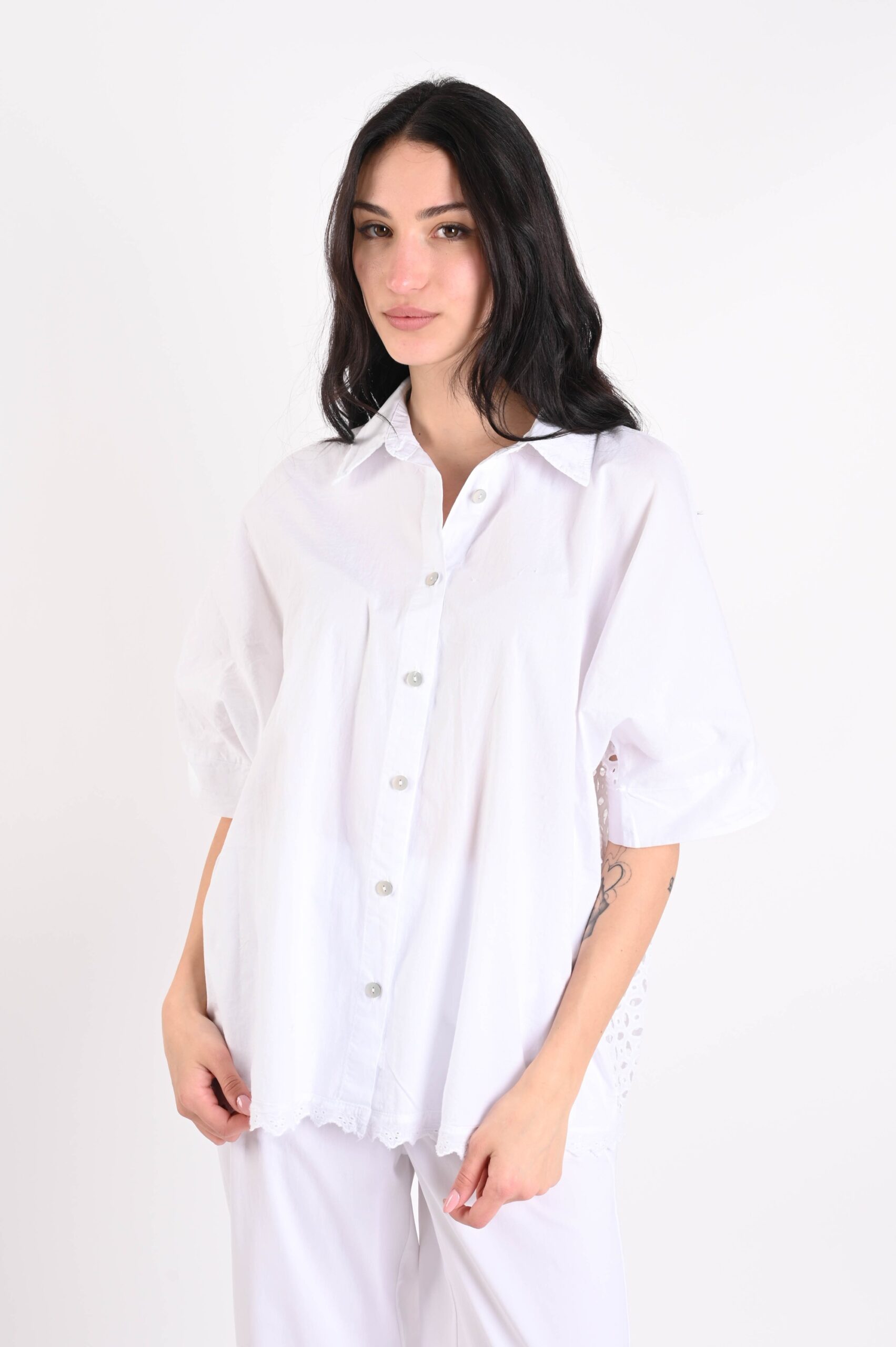 PC0075-06_BIANCO CAMICIA CON INSERTO IN SANGALLO SUL RETRO - Bianco, TU