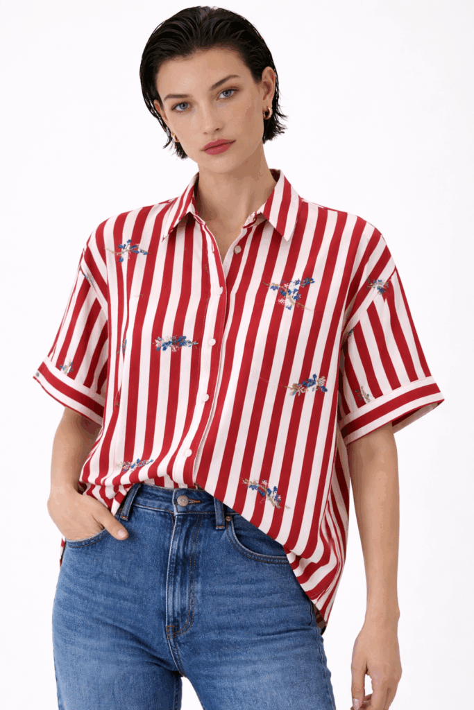 CAMICIA A RIGHE CON RICAMI FLOREALI 