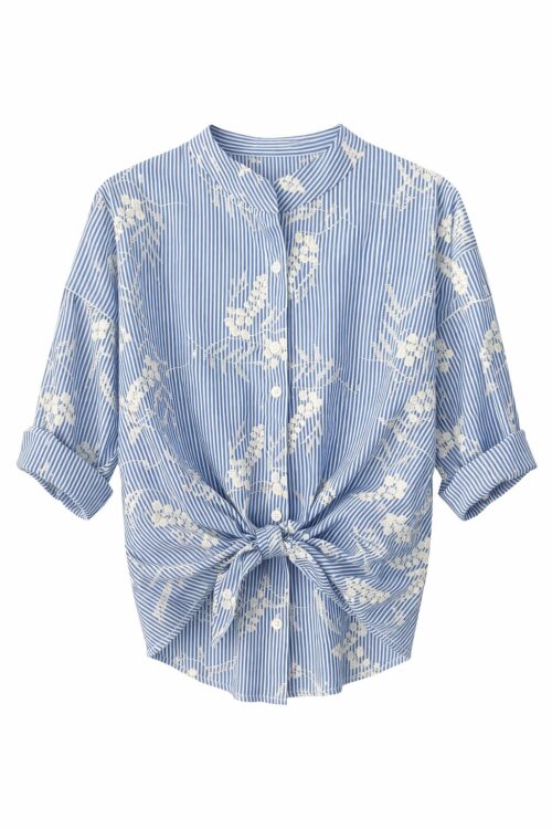 CAMICIA A RIGHE CON COLLO ALLA COREANA E RICAMI