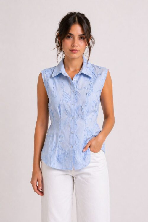 CAMICIA SENZA MANICHE A RIGHE CON PIEGHE