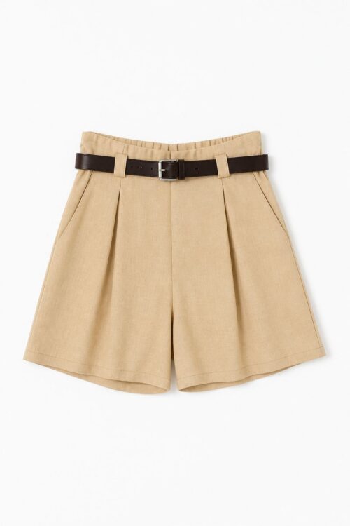 SHORTS MISTO LINO CON PIEGHE E CINTURA