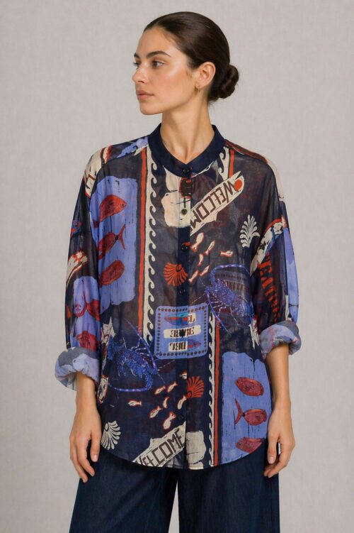 CAMICIA FANTASIA MARINA COLLETTO ALLA COREANA IN COTONE