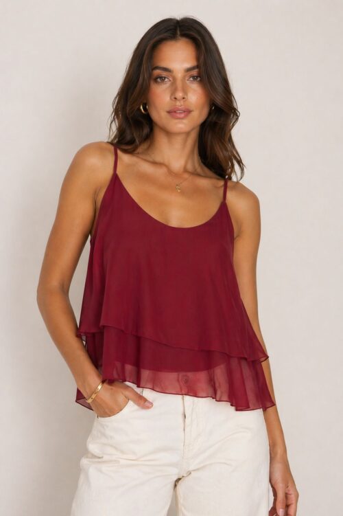 TOP IN MISTO SETA CON VOLANT E SPALLINE SOTTILI