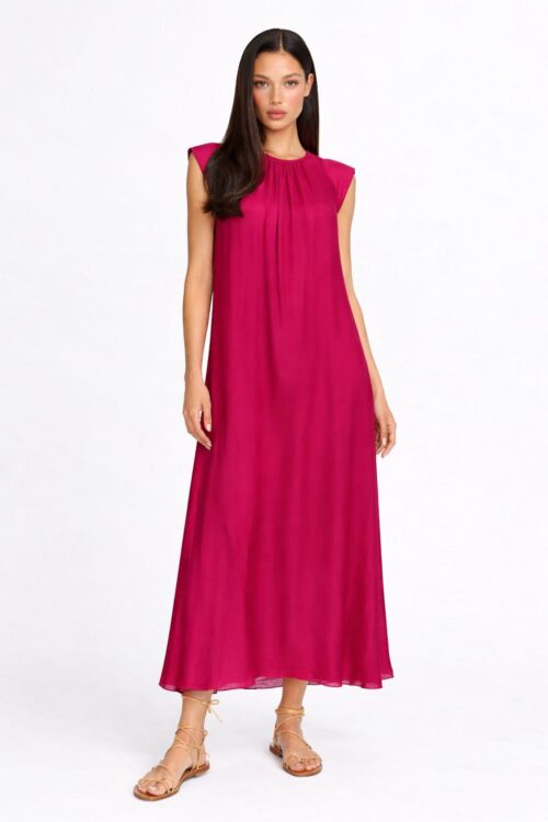 ABITO LUNGO MISTO SETA CON SPALLINE IMBOTTITE E SCOLLO POSTERIORE