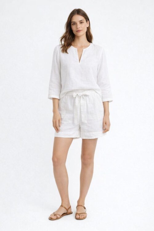 BLUSA IN LINO CON MANICHE A 3/4 E SCOLLO A V