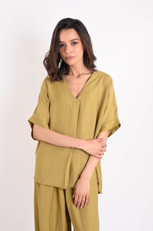 BLUSA SCOLLO A V IN MISTO LINO