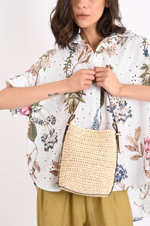 BORSA A SECCHIELLO EFFETTO PAGLIA - Beige, TU