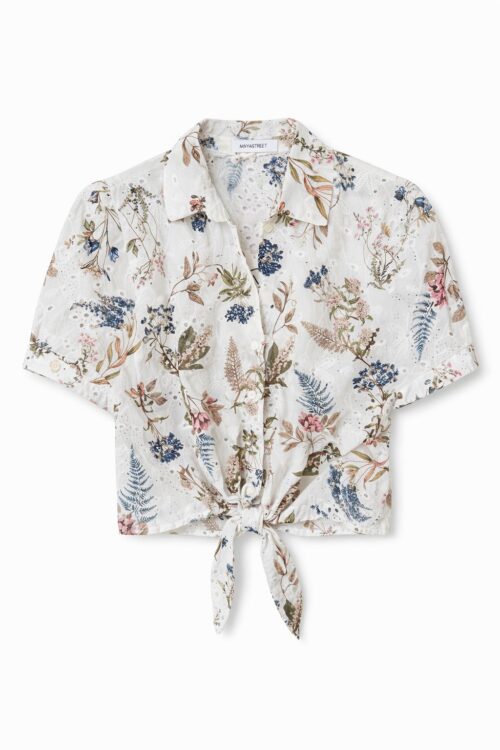 CAMICIA IN SANGALLO STAMPA FLOREALE CON NODO FRONTALE