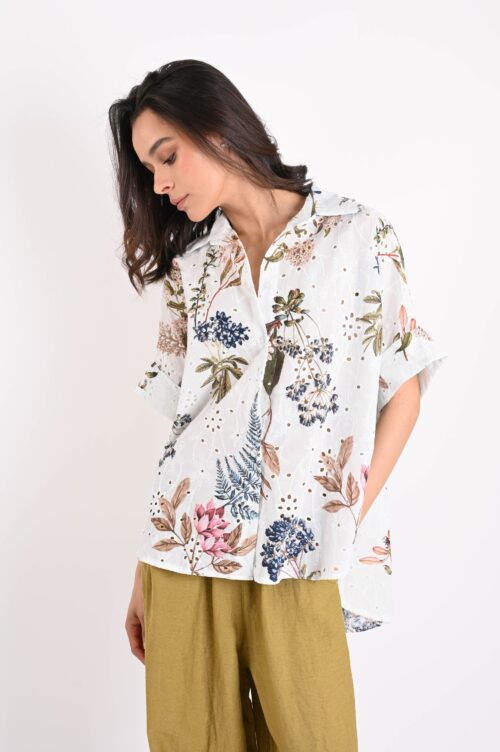 CAMICIA IN SANGALLO TAGLIO ASIMMETRICO CON STAMPA FLOREALE