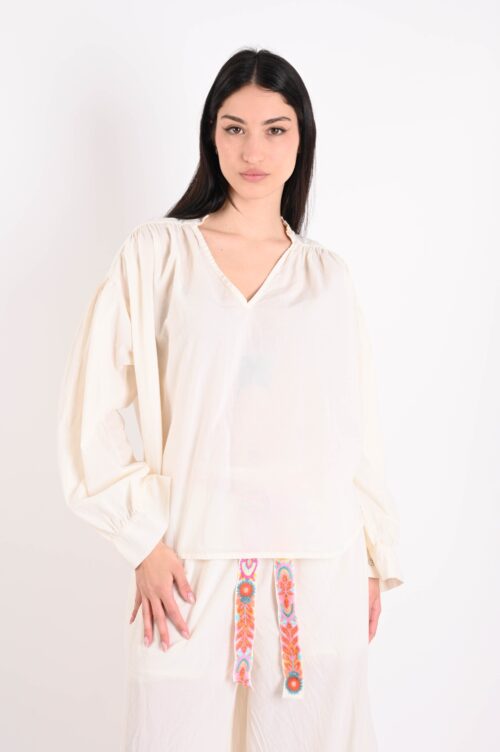 BLUSA CON SCOLLO A V A MANICHE LUNGHE IN COTONE