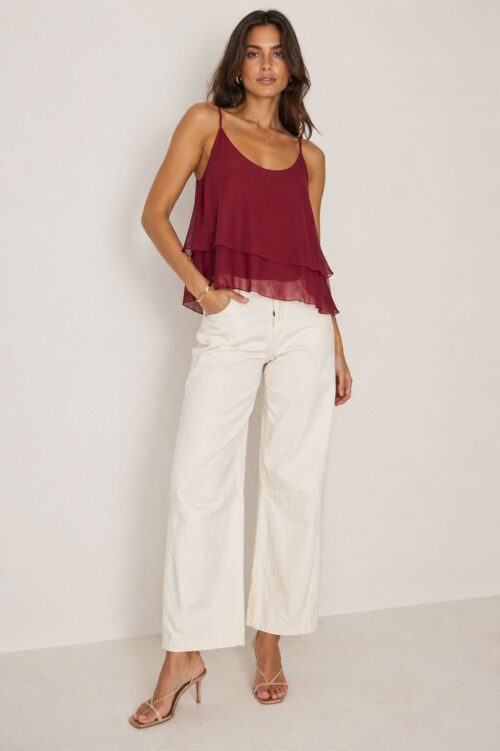 Alternative view of TOP IN MISTO SETA CON VOLANT E SPALLINE SOTTILI