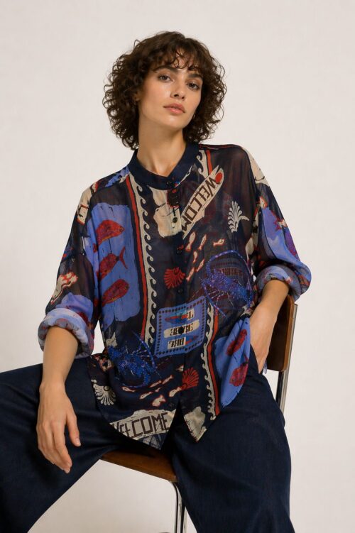 CAMICIA FANTASIA MARINA COLLETTO ALLA COREANA IN COTONE