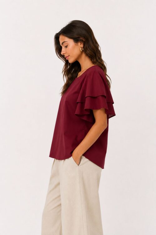 Alternative view of BLUSA CON MANICHE VOLANT IN COTONE