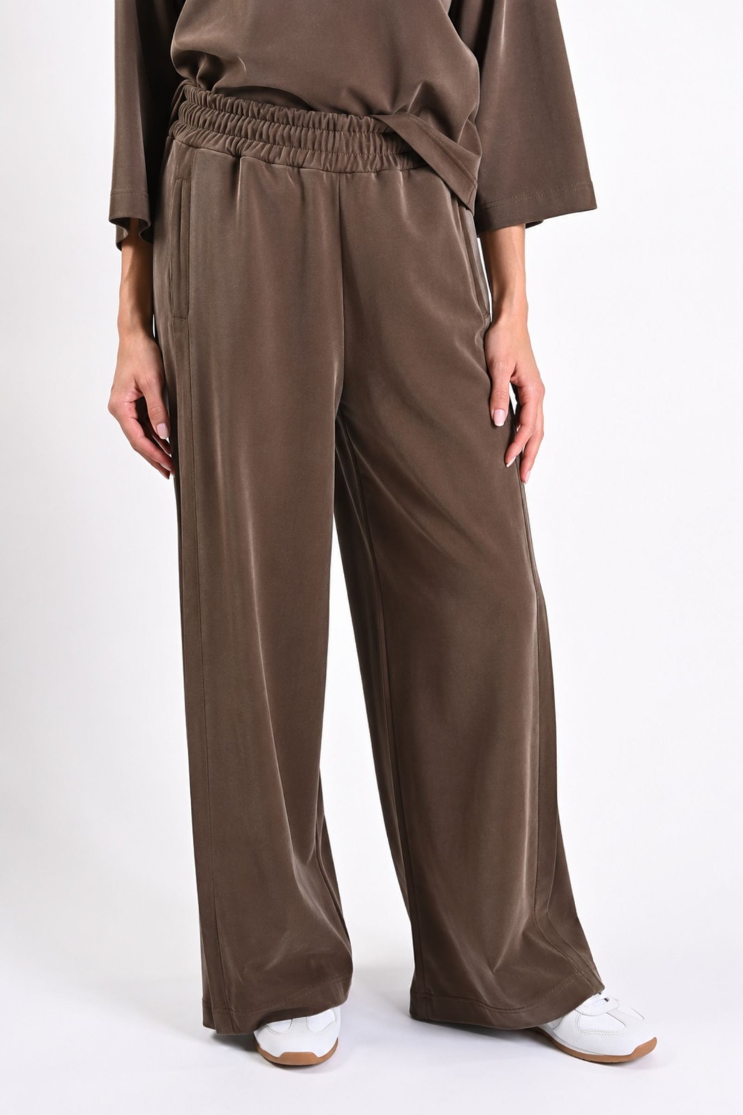 12 PANTALONE PALAZZO MORBIDO CON VITA ELASTICIZZATA - Fango, S