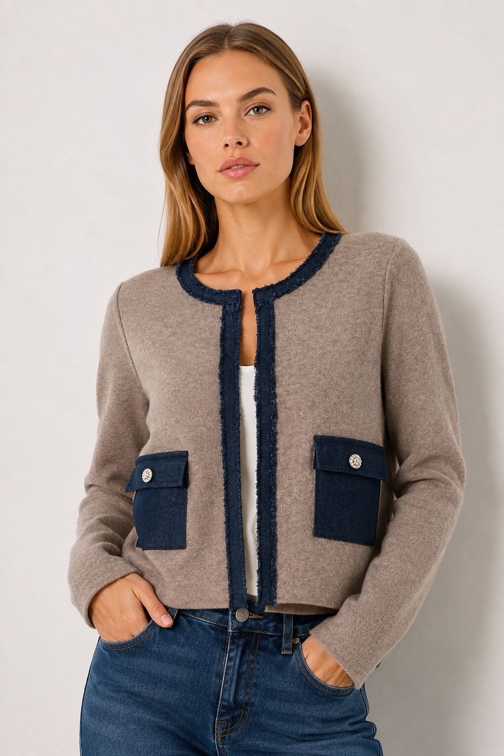 193c1c06-f62e-43f7-8c68-84d1d5431d30 (1) GIACCA IN MAGLIA CON PROFILI A CONTRASTO - Beige, TU