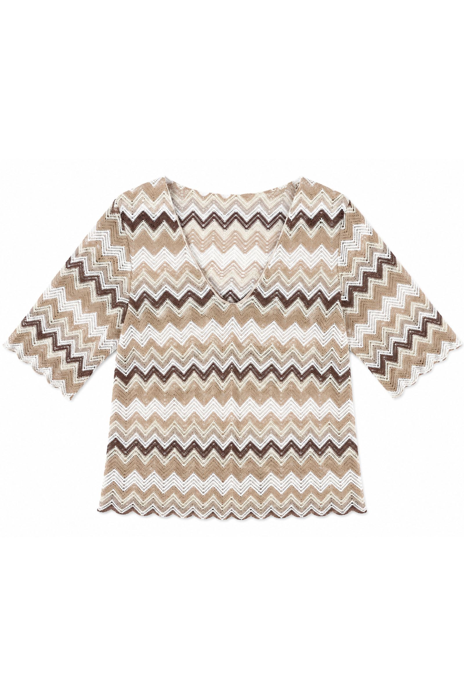 26 TOP IN MAGLIA TRAFORATA CON SCOLLO A V - Cammello, S