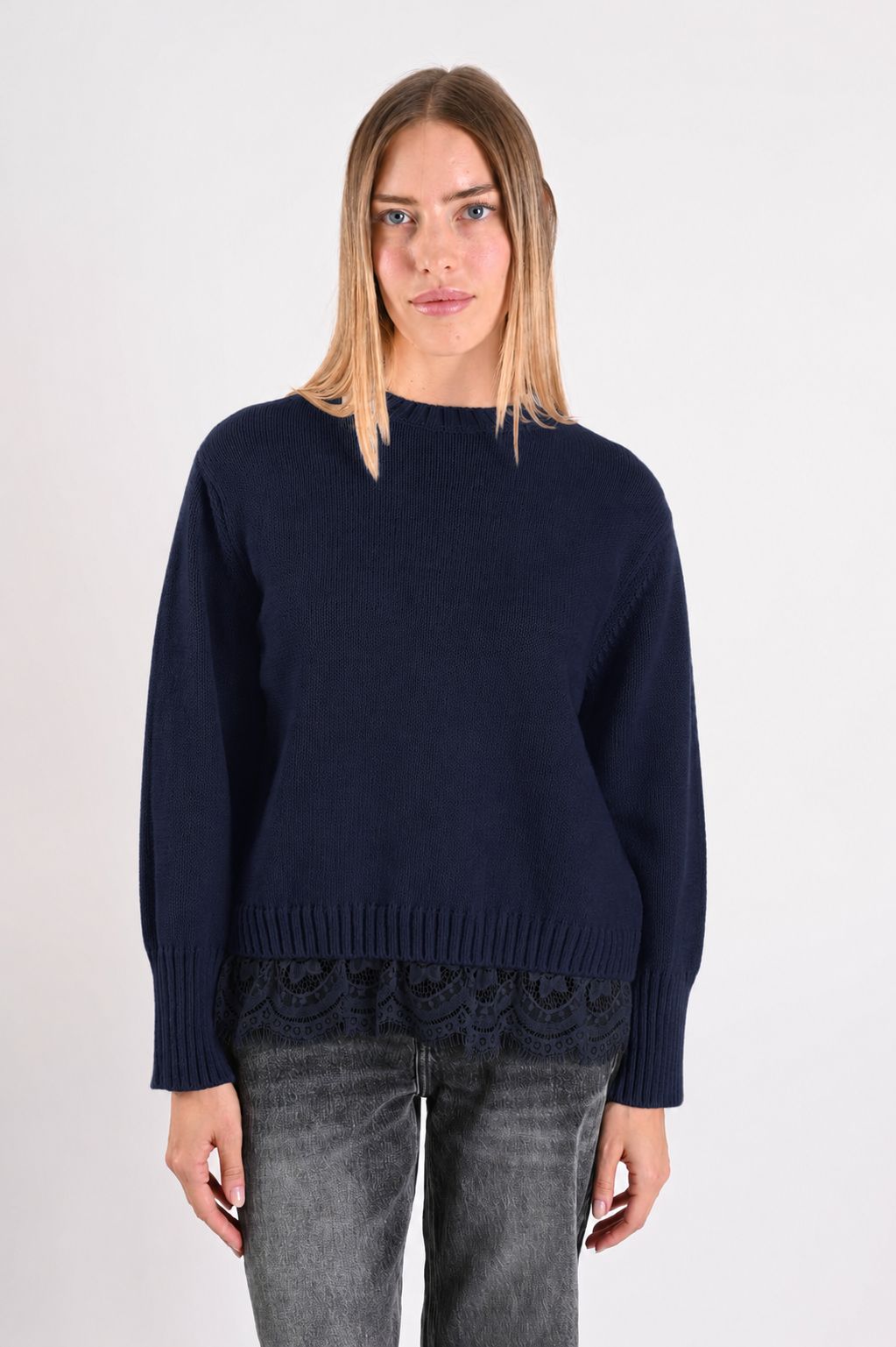 2b2380d1-0b41-4c90-9c7e-fe43d2828f8a MAGLIONE SCOLLO ROTONDO CON INSERTO IN PIZZO SUL FONDO - Blu, TU