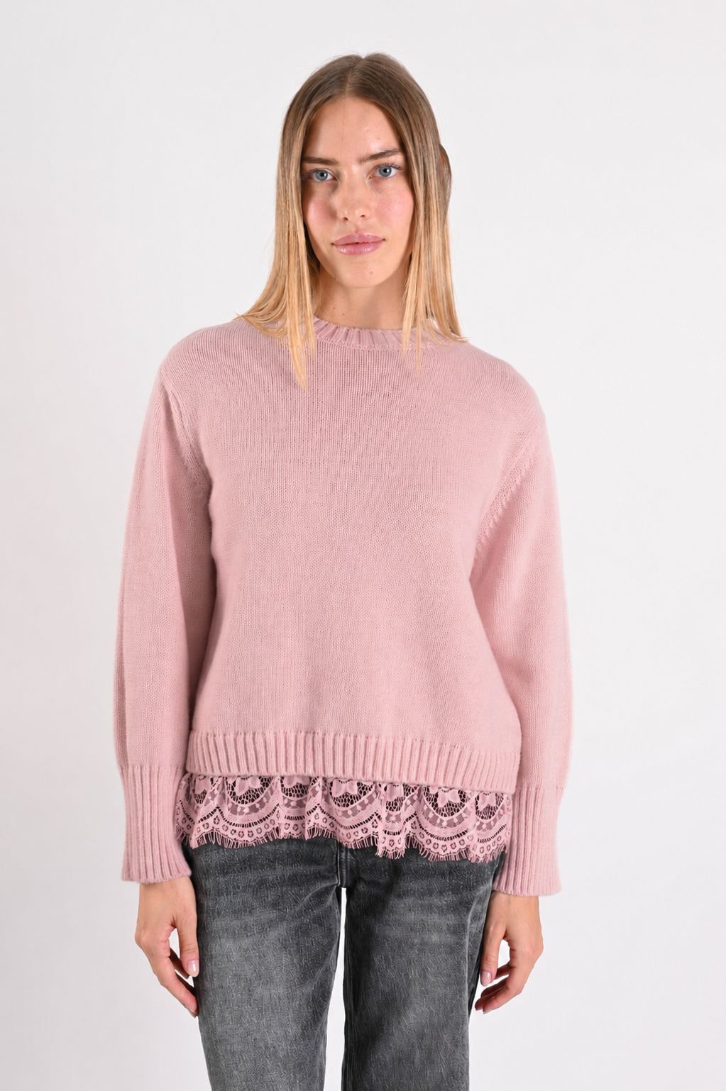 3799a101-b279-4840-ad00-d84a68c41deb MAGLIONE SCOLLO ROTONDO CON INSERTO IN PIZZO SUL FONDO - Rosa, TU