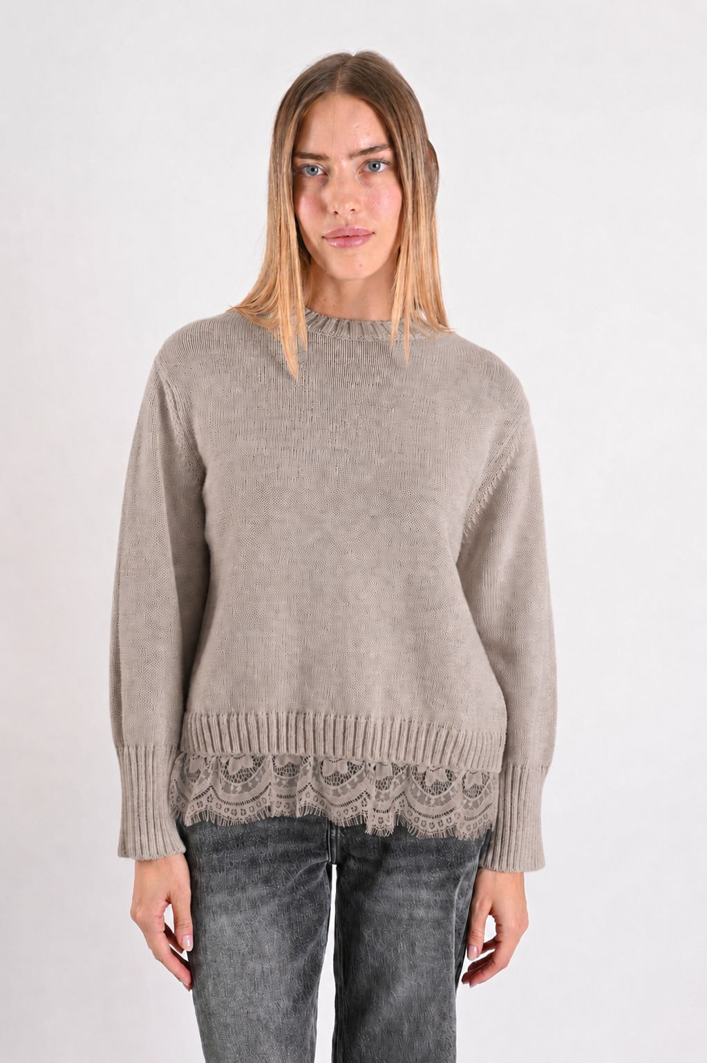 3956868e-1be0-437b-82bc-4b68235eef7c MAGLIONE SCOLLO ROTONDO CON INSERTO IN PIZZO SUL FONDO - Beige, TU