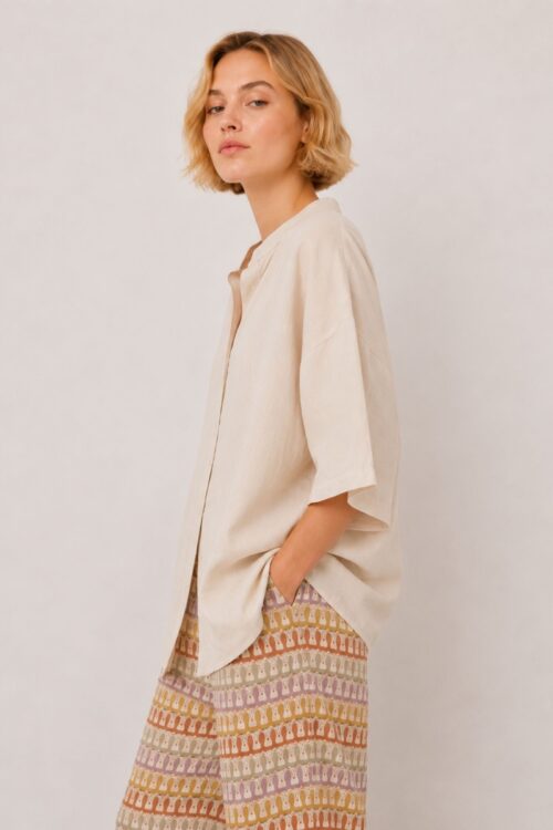 Alternative view of CAMICIA IN TENCEL CON COLLETTO ALLA COREANA