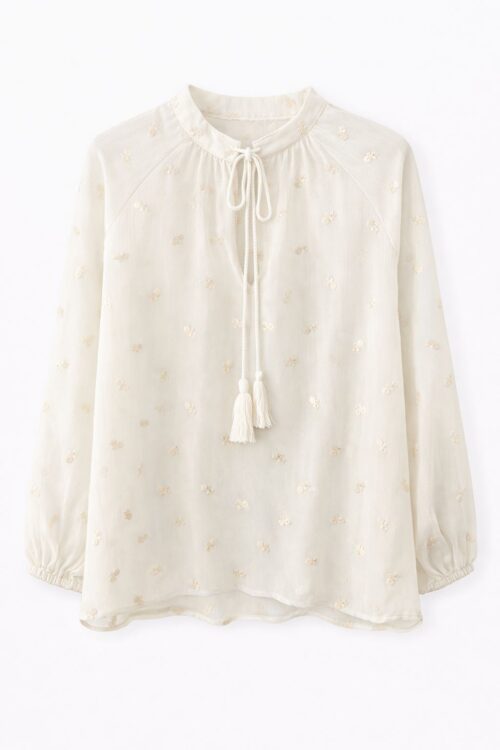 BLUSA SEMITRASPARENTE CON RICAMI E MANICHE LUNGHE ARRICCIATE