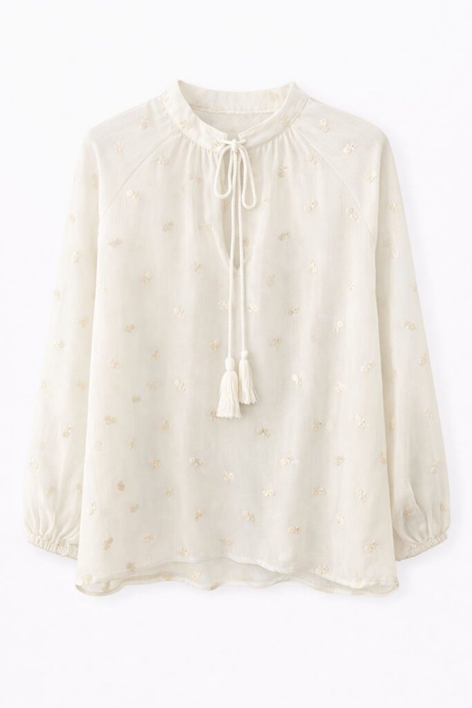 BLUSA SEMITRASPARENTE CON RICAMI E MANICHE LUNGHE ARRICCIATE 