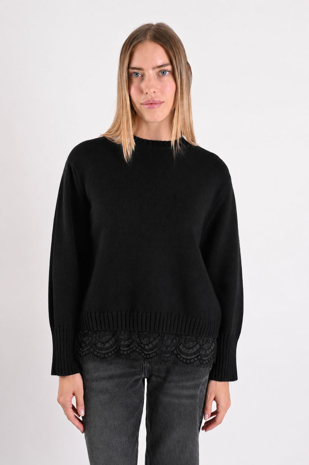 96d5c374-4139-4be6-93ec-b3b9e9e9b4cd MAGLIONE SCOLLO ROTONDO CON INSERTO IN PIZZO SUL FONDO - Nero, TU