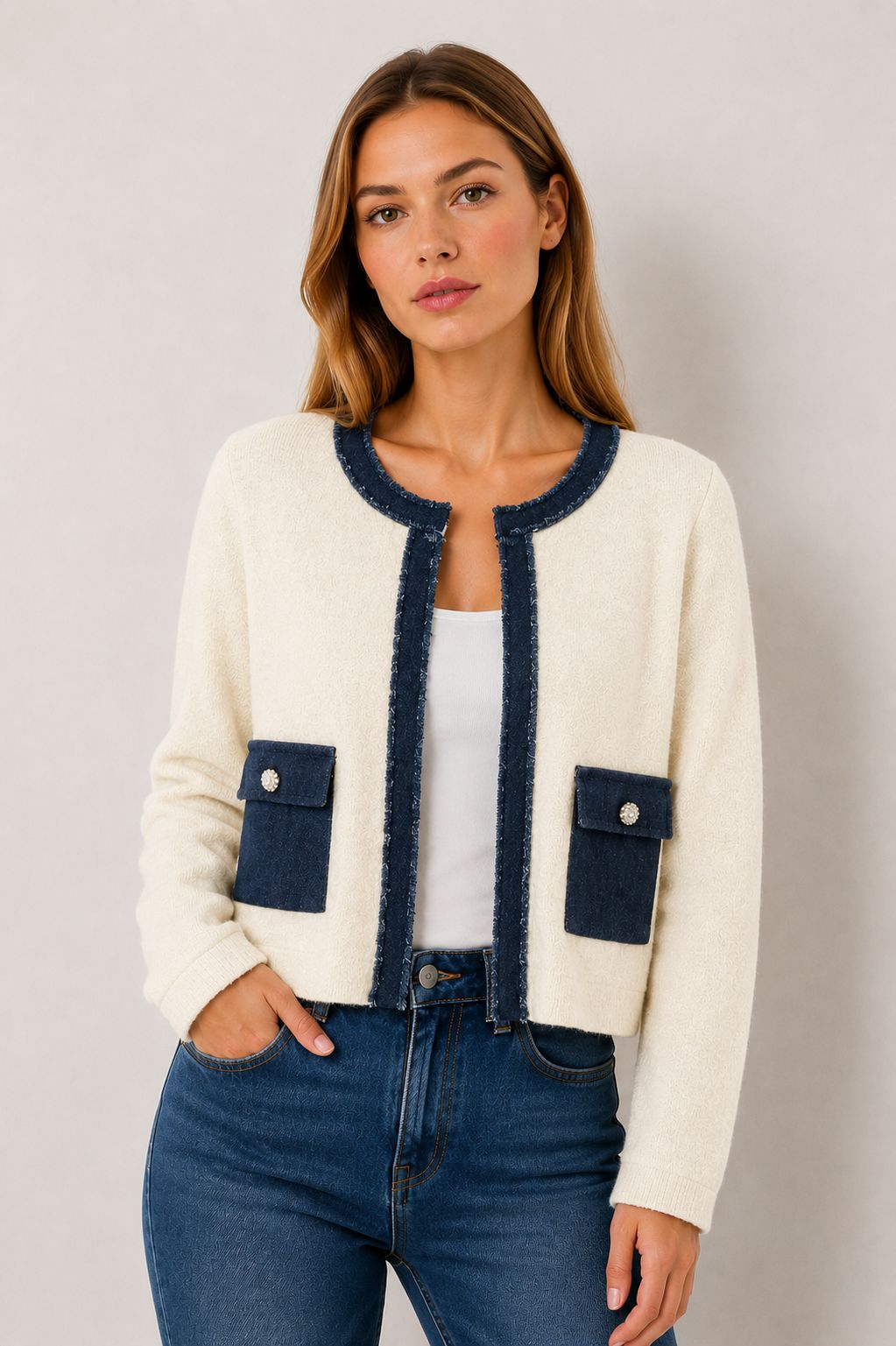 994390fc-b963-4559-956b-2b1330dc402d GIACCA IN MAGLIA CON PROFILI A CONTRASTO - Panna, TU