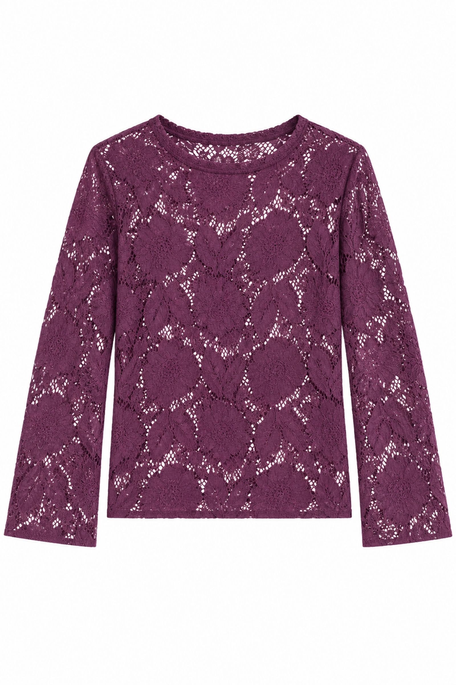 AM928-06_BORDEAUX BLUSA SEMITRASPARENTE IN PIZZO FLOREALE CON MANICHE A CAMPANA - Bordeaux, S