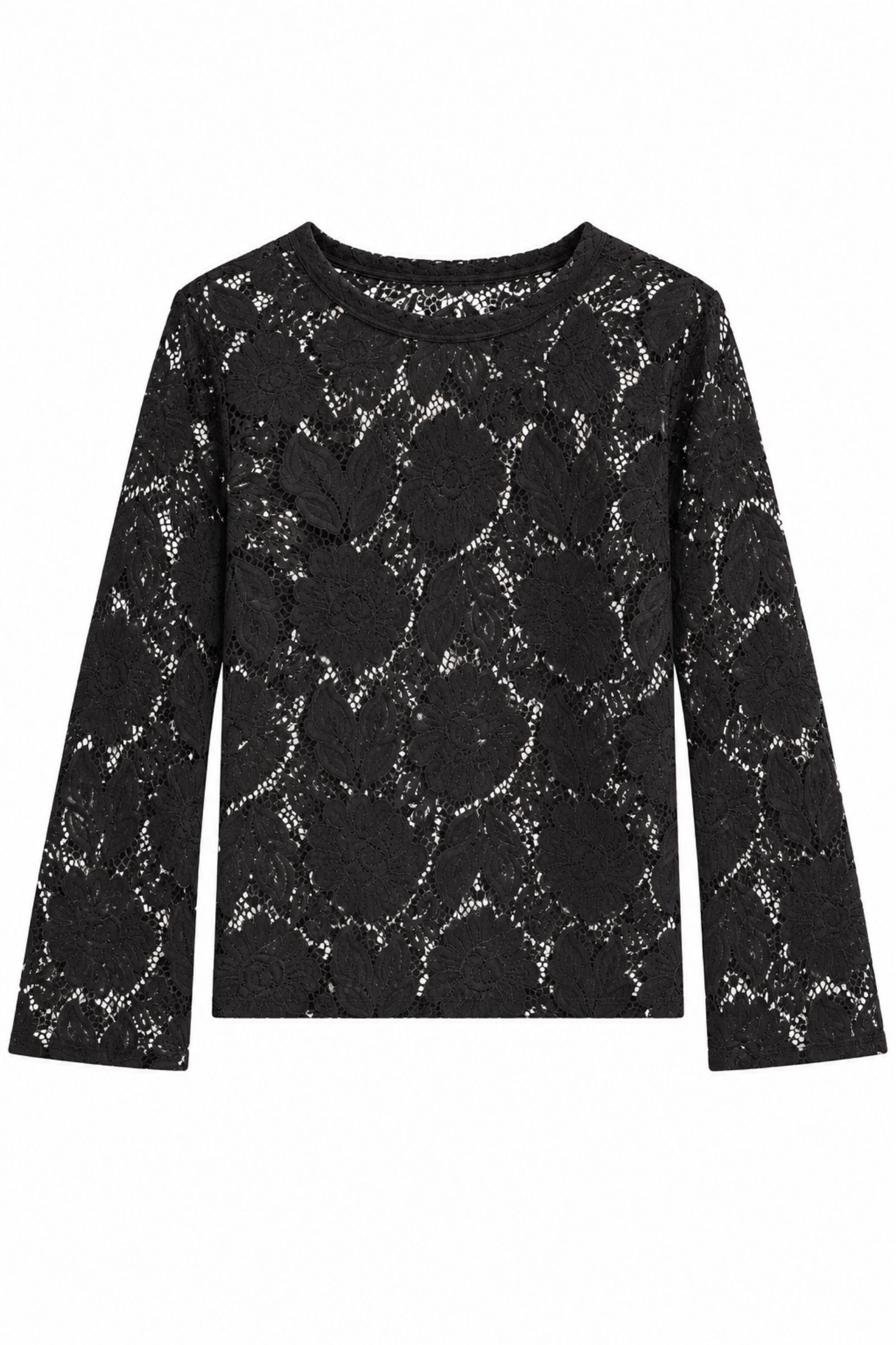 AM928-06_NERO BLUSA SEMITRASPARENTE IN PIZZO FLOREALE CON MANICHE A CAMPANA - Nero, S