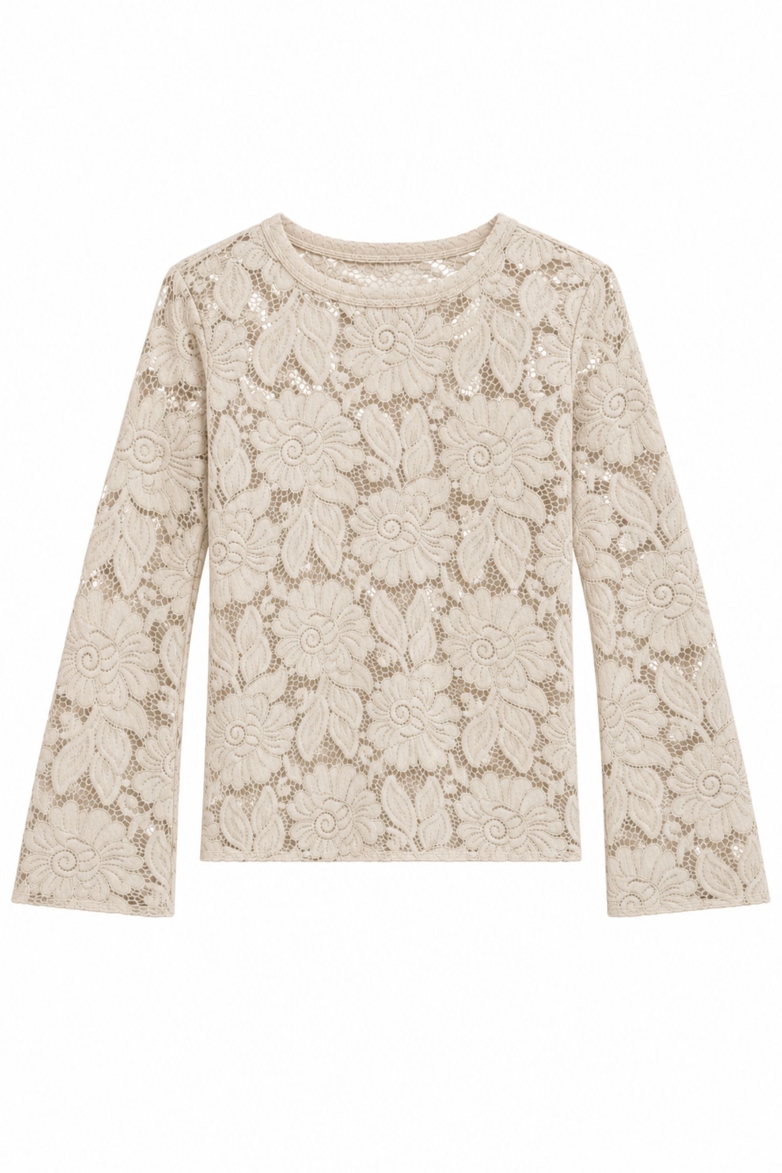 AM928-06_PANNA BLUSA SEMITRASPARENTE IN PIZZO FLOREALE CON MANICHE A CAMPANA - Panna, S