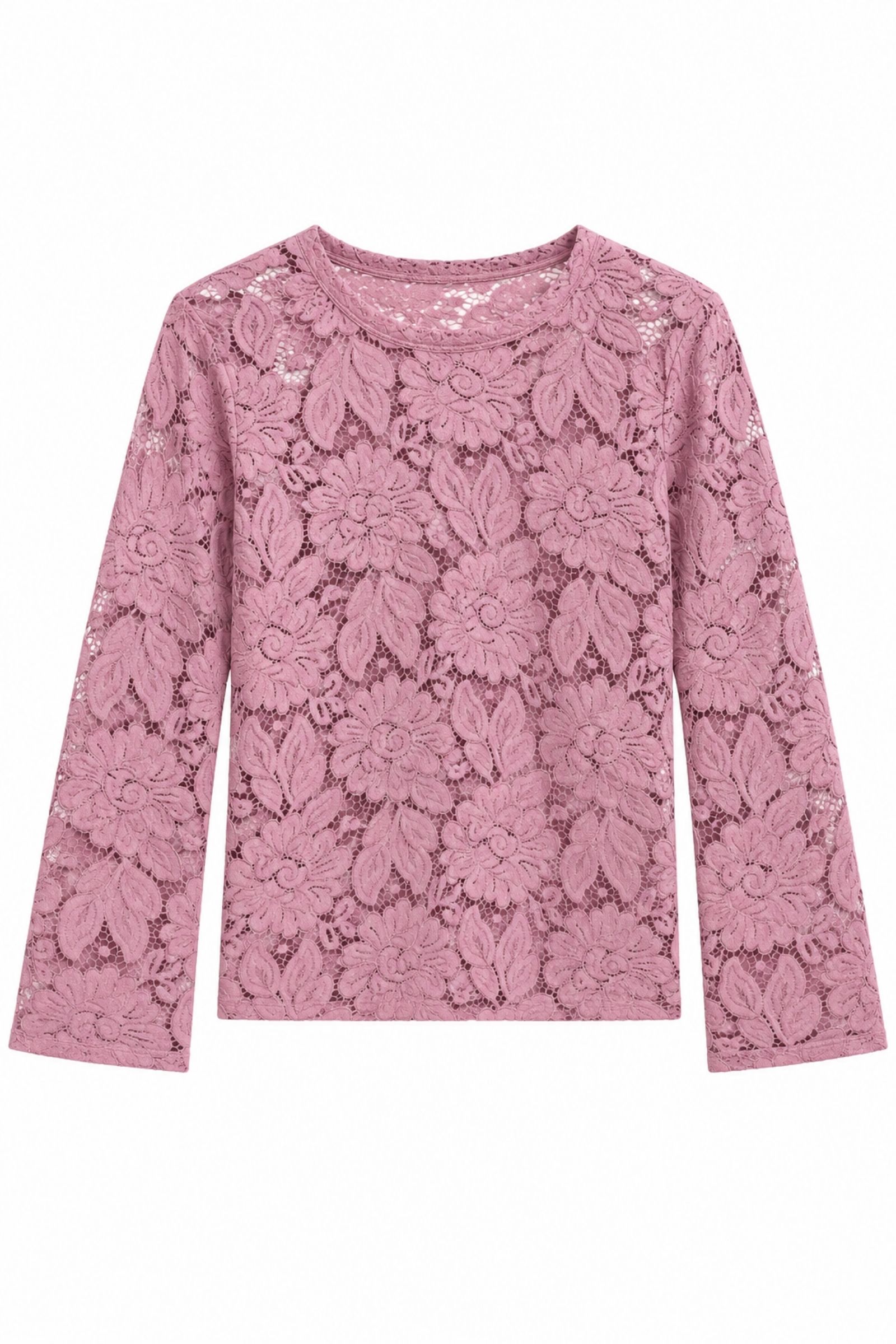 AM928-06_ROSA BLUSA SEMITRASPARENTE IN PIZZO FLOREALE CON MANICHE A CAMPANA - Rosa, S