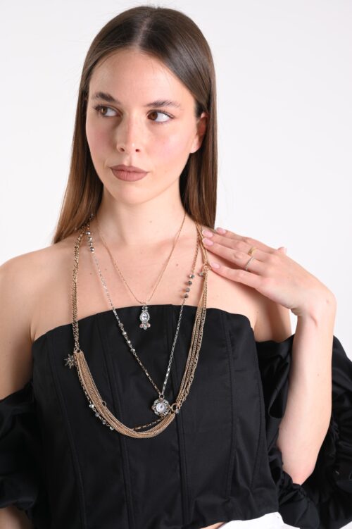 COLLANA MULTIFILO CON CATENE E CHARM