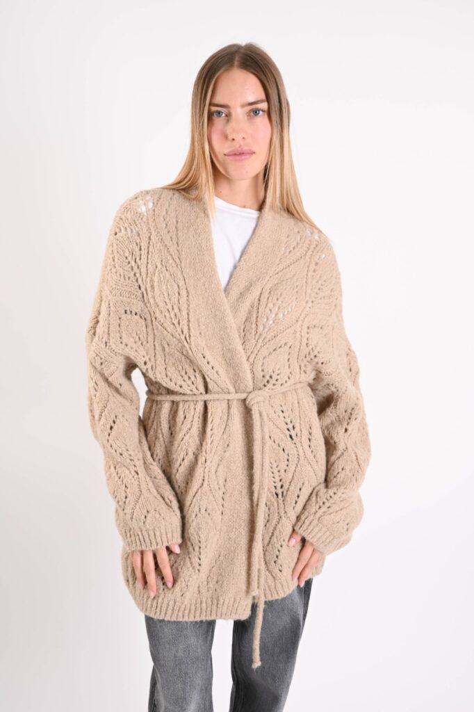 CARDIGAN LUNGO TRAFORATO CON CINTURA 